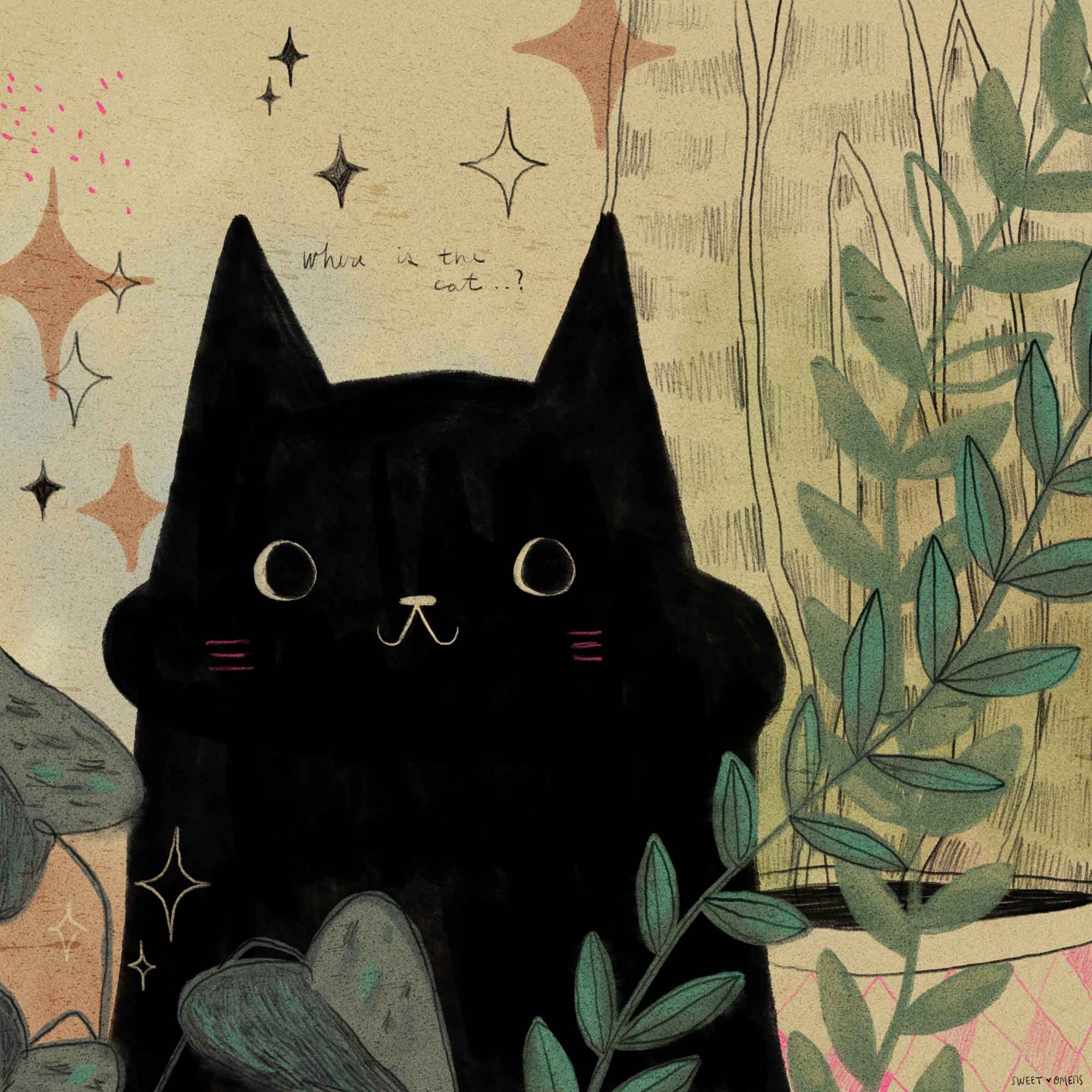 Textural cat and plants illustration
